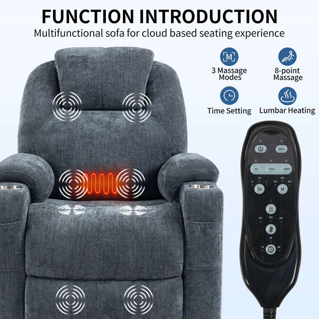 Up to 350 LBS Chenille Power Lift Recliner Chair, Heavy Duty Motion Mechanism with 8-Point Vibration Massage and Lumbar Heating, USB and Type-C Ports, Stainless Steel Cup Holders, Blue - Grand Goldman Shop