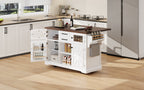 K&K 54.9' Kitchen Island with Drop Leaf, Power Outlet, Kitchen Storage Cart with 4 Door Shelves, Cross Barn Doors & Visual Glass Door, Rolling Kitchen Island on 4 Wheels for Kitchen, Dining Room,White - Grand Goldman Shop