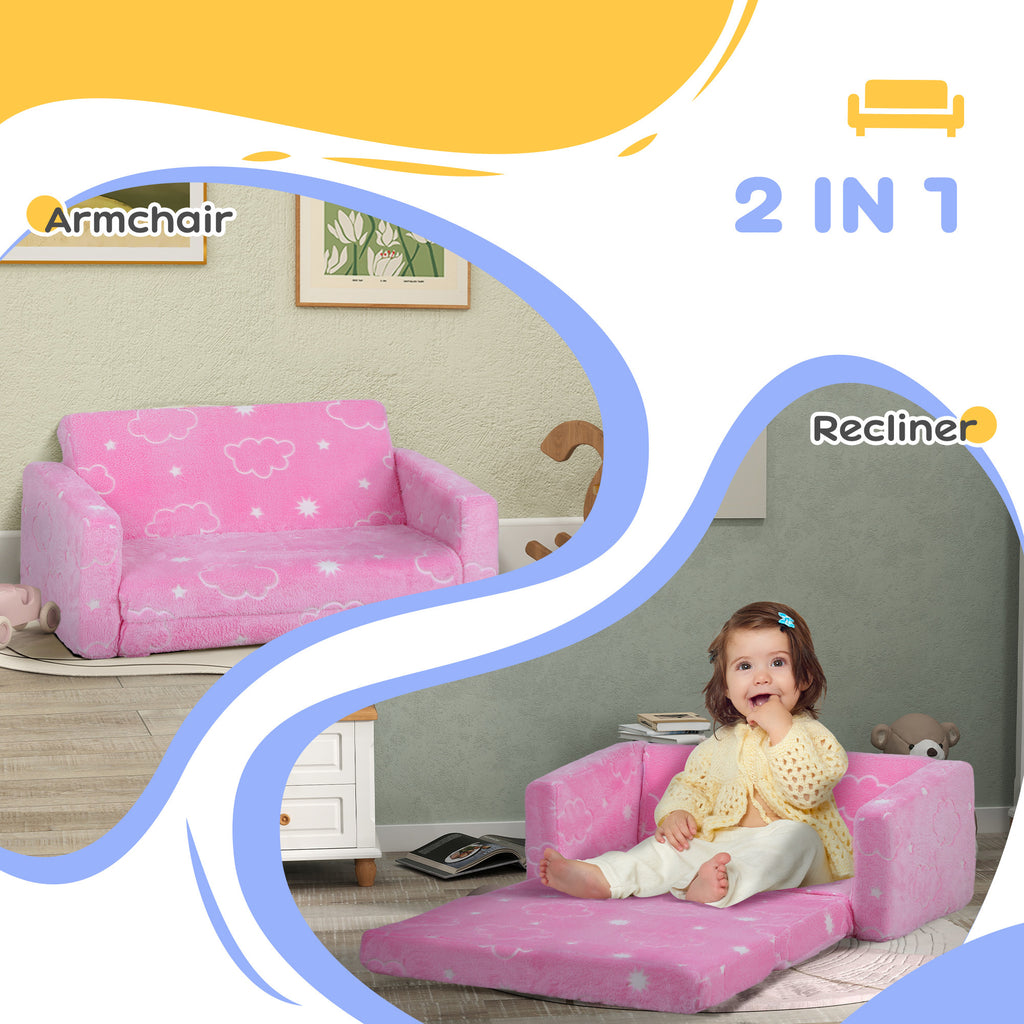 Qaba 2 in 1 Kids Sofa Chair, Toddler Couch with Glow in The Dark Cosmic Patten, Washable Cover, Fold Out Convertible Sofa to 