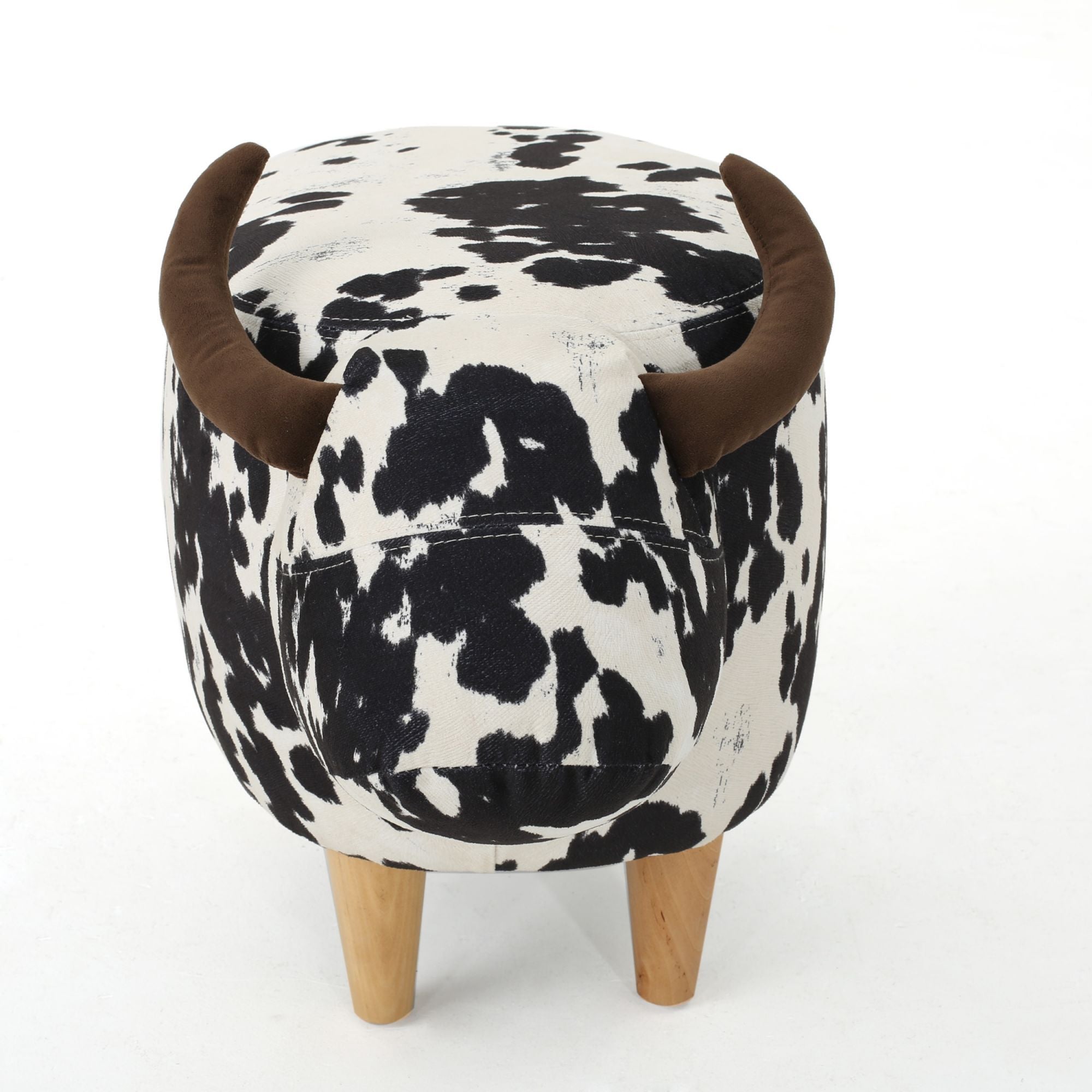 Cow-Shaped Ottoman Footstool, Black and White Modern Accent Stool with Velvet Horns, Fabric Body, Birch Legs - Grand Goldman Shop