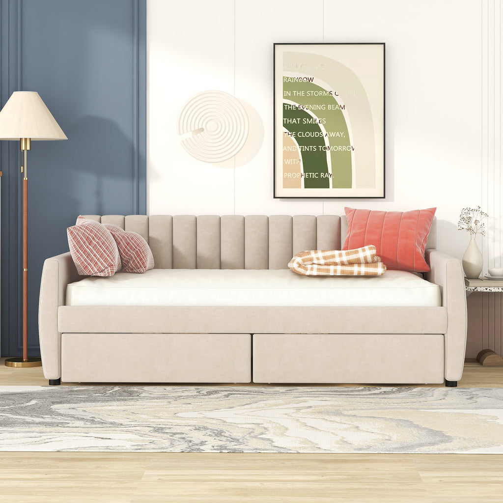 Twin Size Upholstered daybed with Drawers, Wood Slat Support, Beige - Grand Goldman Shop