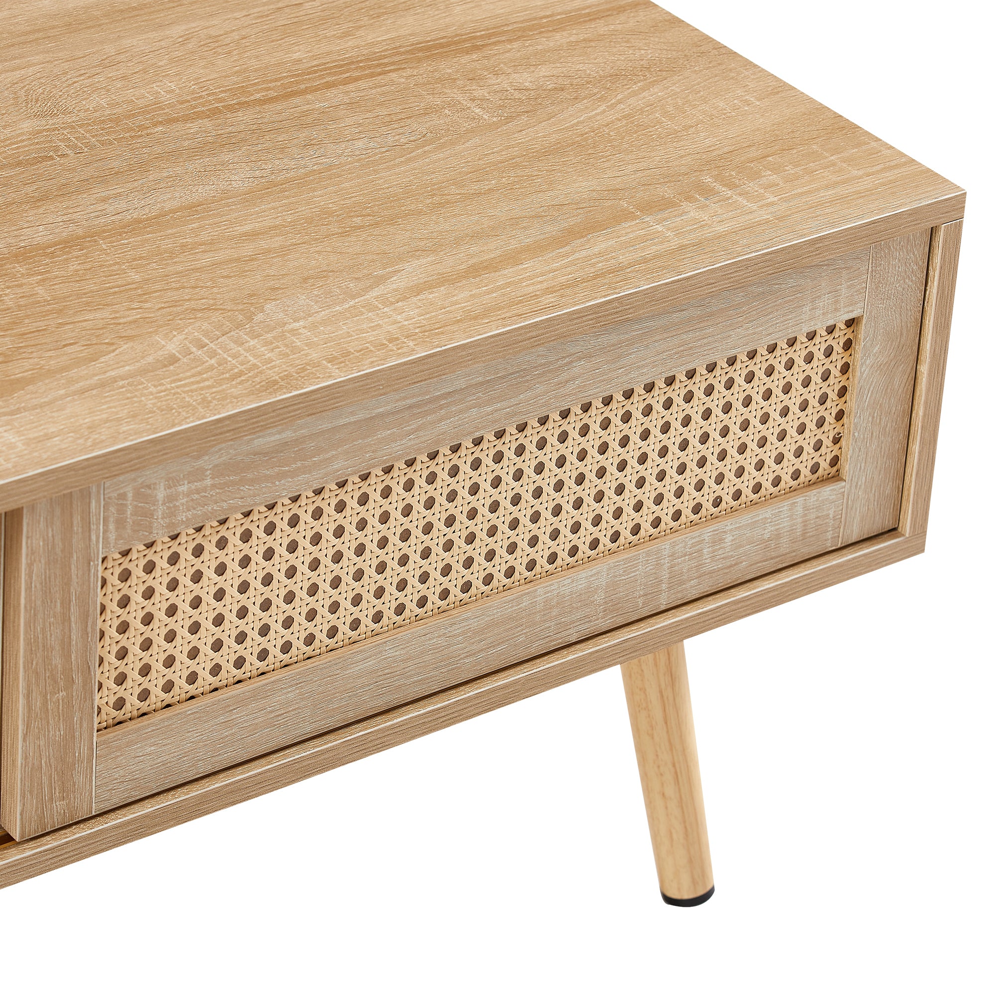 41.34' Rattan Coffee Table, Sliding Door for Storage, Solid Wood Legs, Modern Table for Living Room-Natural - Grand Goldman Shop
