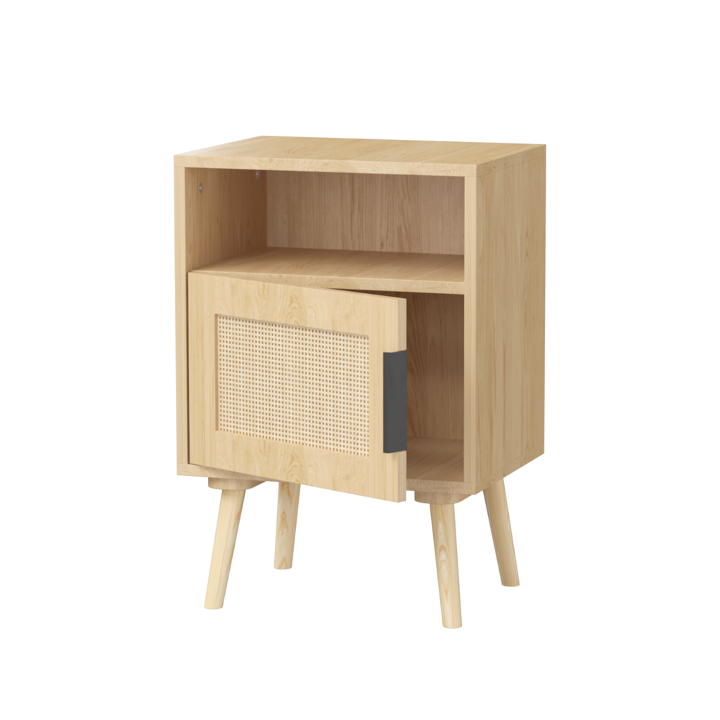 Oak Finish Rattan Nightstand with Solid Wood Legs, 22.83'' H Side Table with Door and Open Shelf for Bedroom, Dorm, and Small Spaces - Grand Goldman Shop