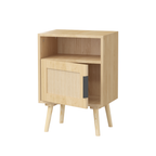 Oak Finish Rattan Nightstand with Solid Wood Legs, 22.83'' H Side Table with Door and Open Shelf for Bedroom, Dorm, and Small Spaces - Grand Goldman Shop