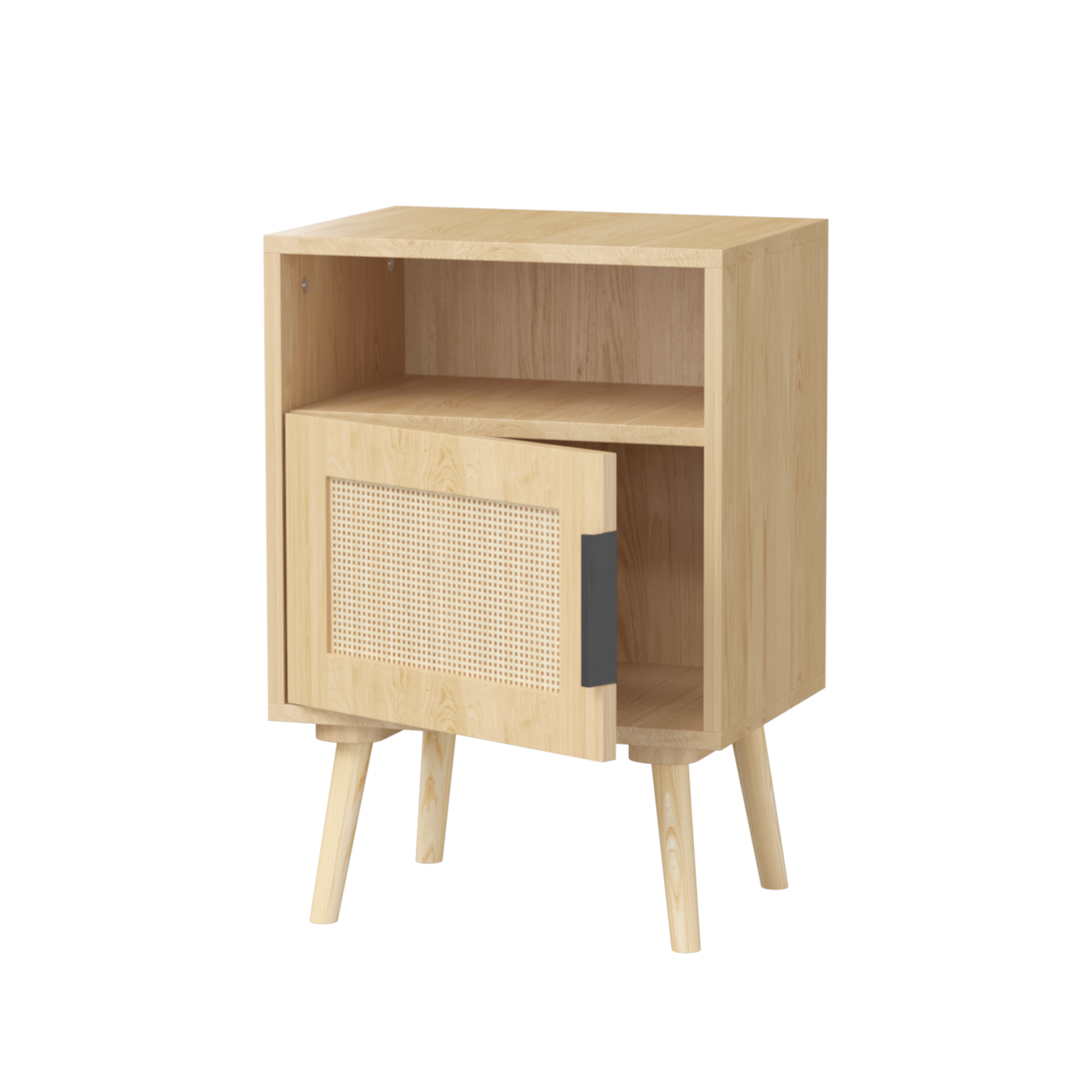Oak Finish Rattan Nightstand with Solid Wood Legs, 22.83'' H Side Table with Door and Open Shelf for Bedroom, Dorm, and Small Spaces - Grand Goldman Shop