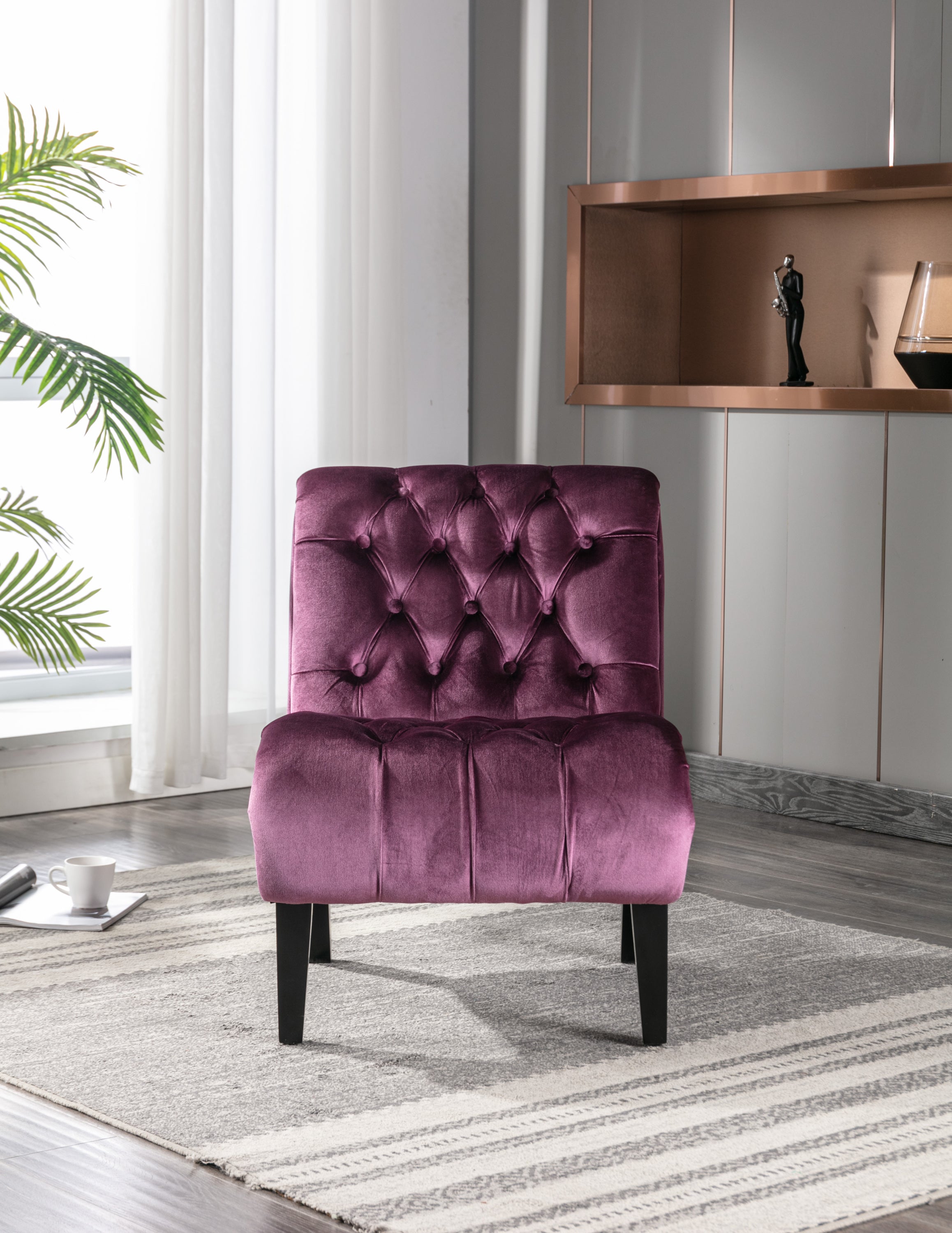 COOLMORE Modern Velvet Armless Accent Living Room Chair / Leisure Chair,Upholstered Fabric Button Comfortable Chair with Wooden Legs for Bedroom, Living Room, Office (Purple Velvet) - Grand Goldman Shop