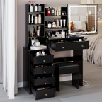37' Middle Size Left Bedside Cabinet Vanity Table + Cushioned Stool Dresser Set, 2 AC+2 USB Socket, Hair Dryer Stand, Large Touch Control LED Sliding Mirror, 3-color Switch, EPA, GCC, UL Certificate - Grand Goldman Shop
