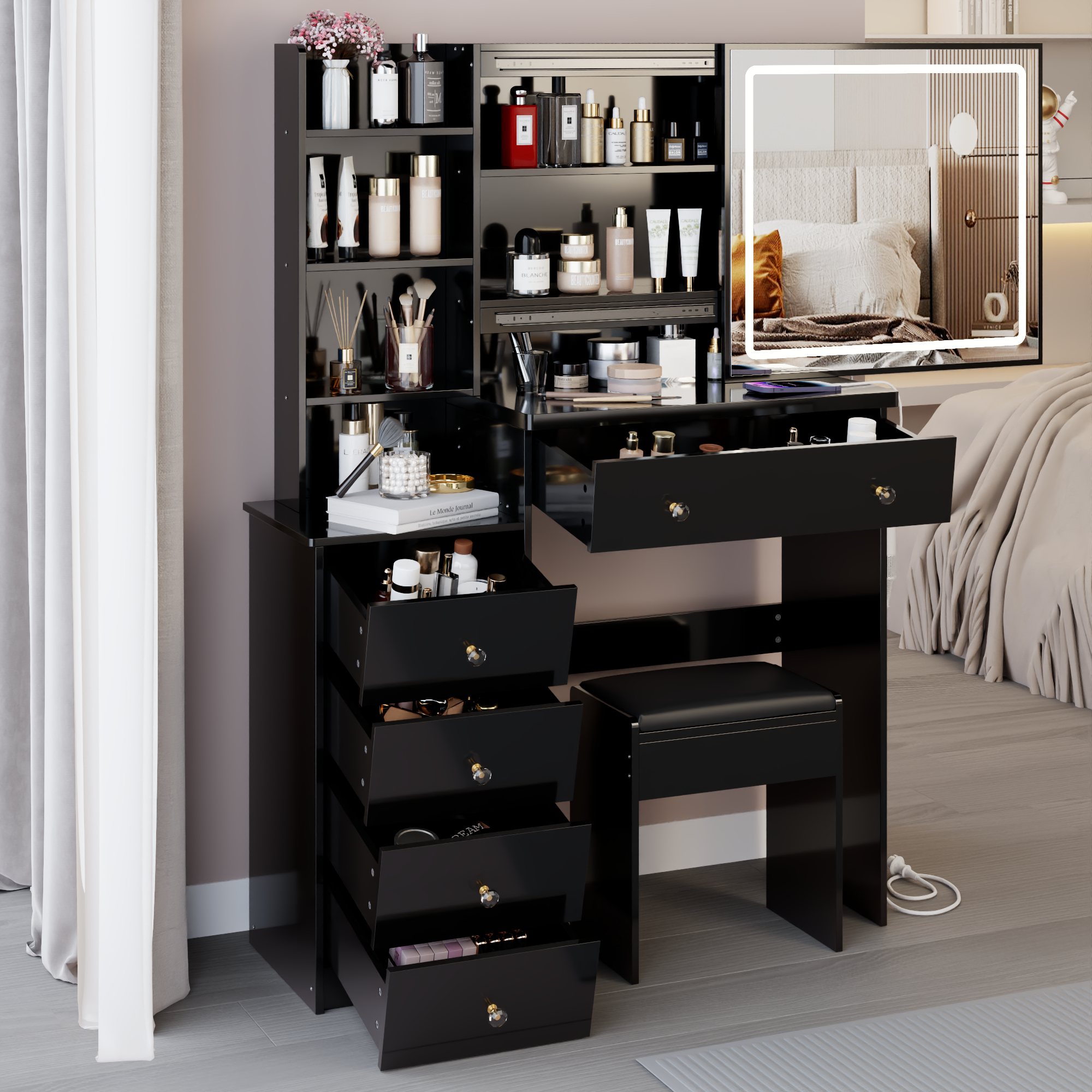 37' Middle Size Left Bedside Cabinet Vanity Table + Cushioned Stool Dresser Set, 2 AC+2 USB Socket, Hair Dryer Stand, Large Touch Control LED Sliding Mirror, 3-color Switch, EPA, GCC, UL Certificate - Grand Goldman Shop