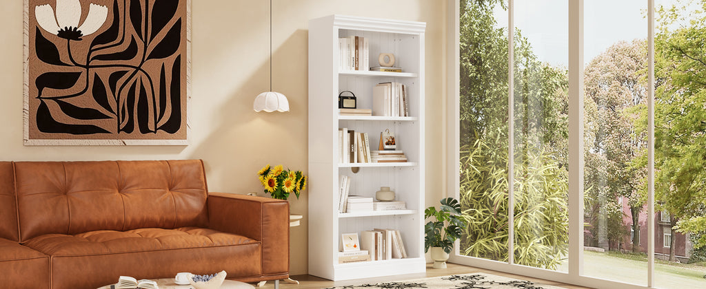 83.4' Tall Wood Bookcase with light strip,5-Tier Decor Bookshelves with Adjustable Shelves,Storage Organizer for CDs/Books,Free Standing Storage Shelves for Living Room,Home Office,White - Grand Goldman Shop