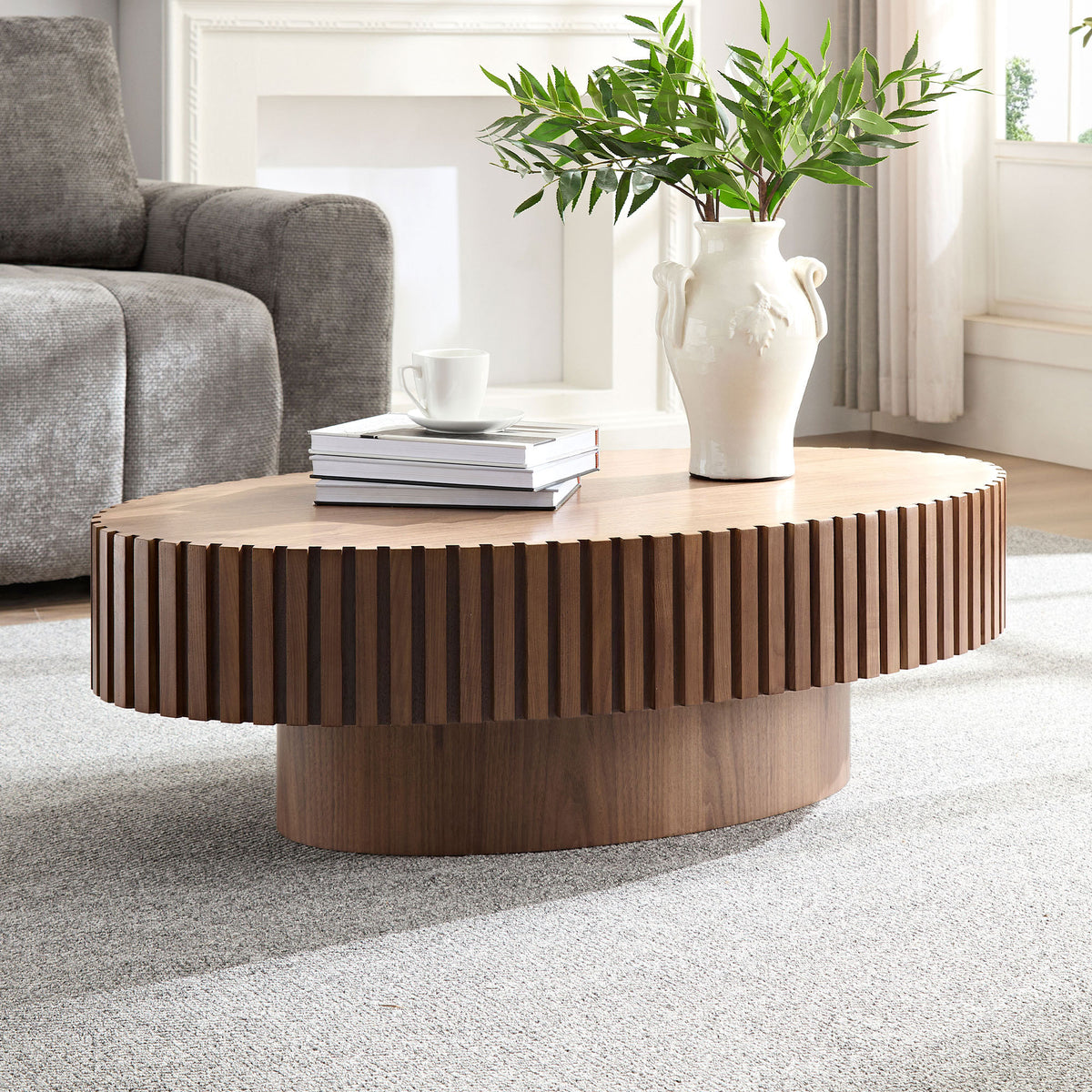 Modern Handcraft Drum Coffee Table Length 43.7 inch Ellipse Coffee Table for Living Room,Oval Small Coffee Table with Sturdy Pedestal,Walnut MDF,W2582P251185 - Grand Goldman Shop