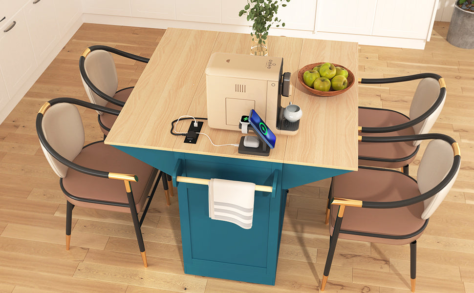 K&K 55.7'' Large Kitchen Island with 2 Drop Leaf,, Rolling Kitchen Cart on 5 Wheels with Power Outlet, Folding Storage Dining Table with Spice & Towel Rack , 3 Drawers, for Kitchen, Dining Room,Green - Grand Goldman Shop