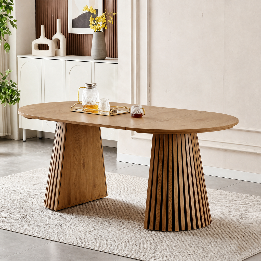 Wooden Dining Table, Flexible and Extendable, Multi-functional and Space-saving, Fashionable Oval Design and Slatted Table Legs, Tea Table or Office Desk, Beautiful and Practical - Grand Goldman Shop
