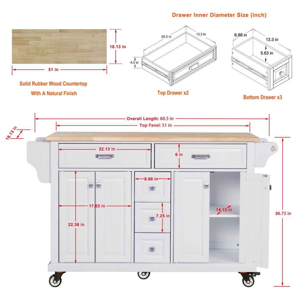 Kitchen Island with Rubber wood Countertop, Kitchen Cart on 5 Wheels with Storage Cabinet and 5 Drawers for Dinning Room, White - Grand Goldman Shop