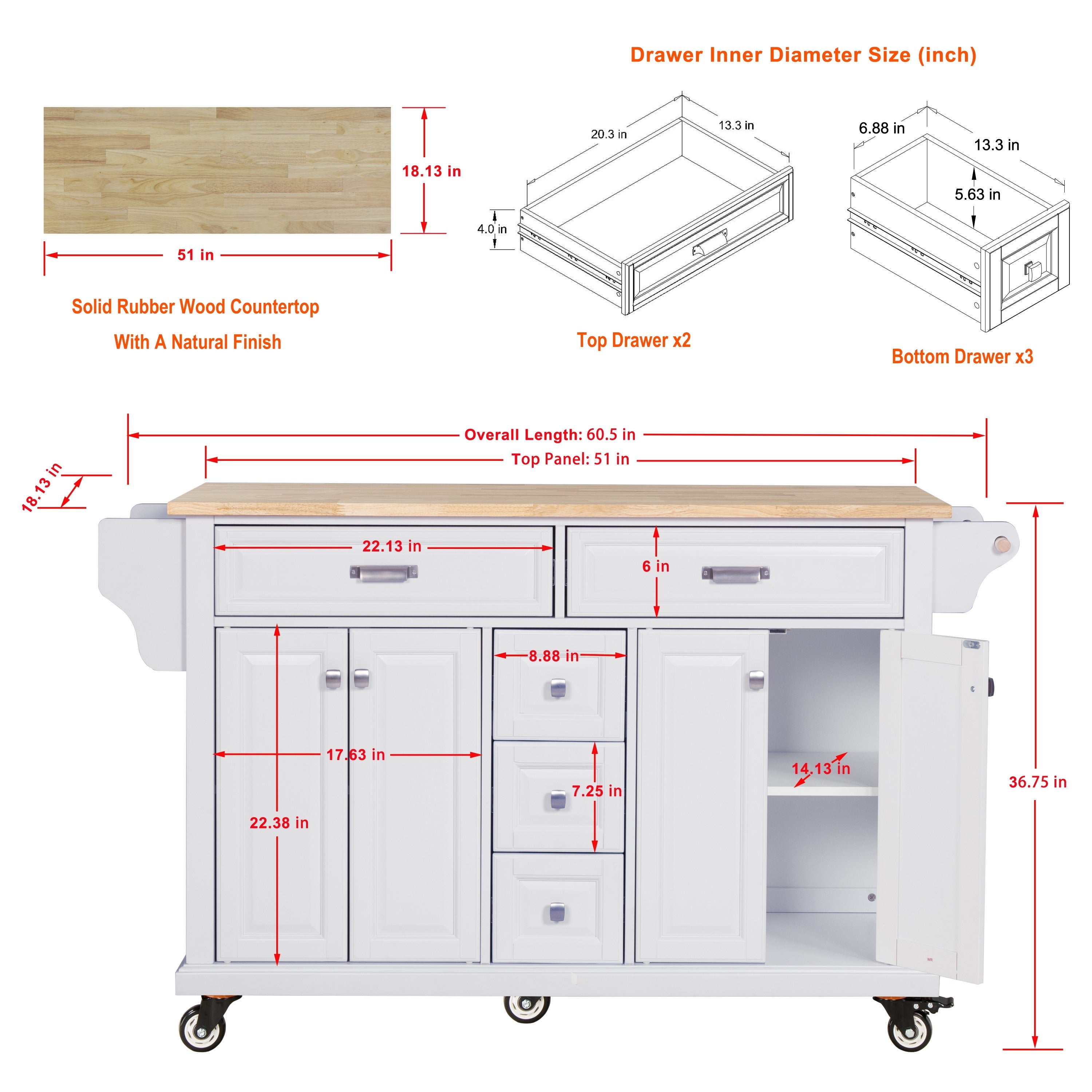 Kitchen Island with Rubber wood Countertop, Kitchen Cart on 5 Wheels with Storage Cabinet and 5 Drawers for Dinning Room, White - Grand Goldman Shop