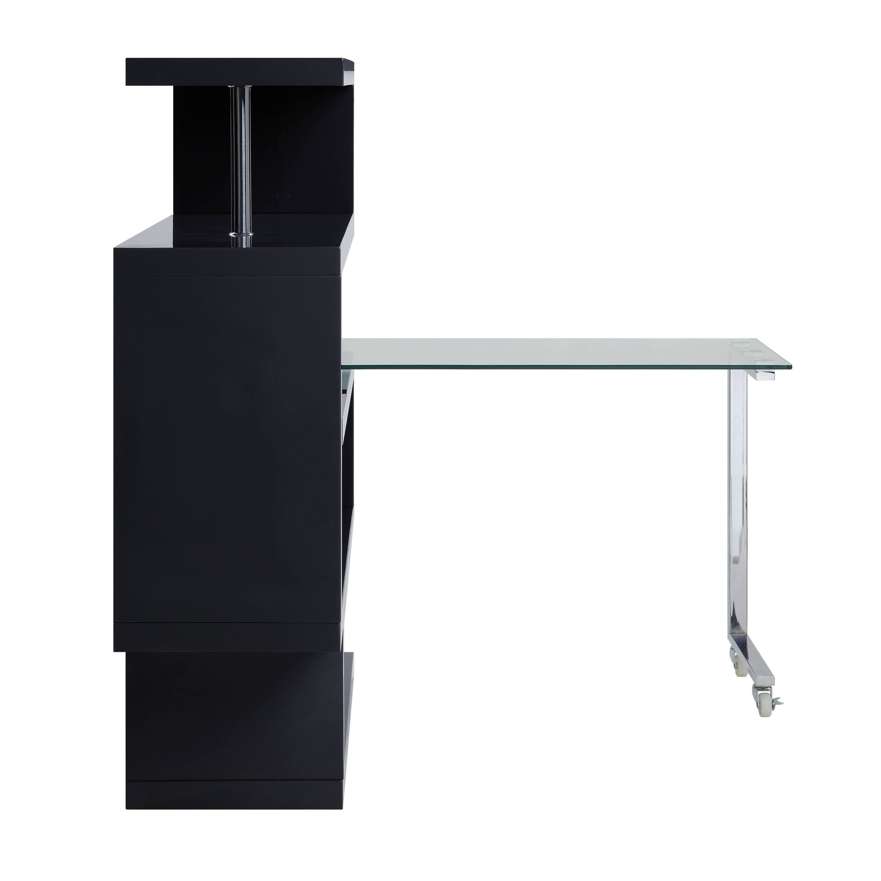 Buck II Clear Glass, Chrome & Black High Gloss Finish Writing Desk W/Bookshelf - Grand Goldman