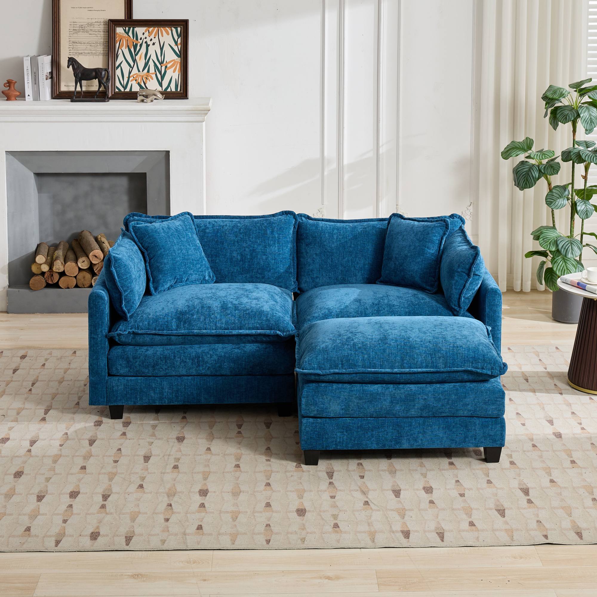 Cloud Sofa Ottoman only, Modern Sectional Couch, for Living Room Bedroom and Apartment, Comfy Double Layer Upholstered Seat Cushion, Breathable Chenille Fabric, Blue - Grand Goldman Shop
