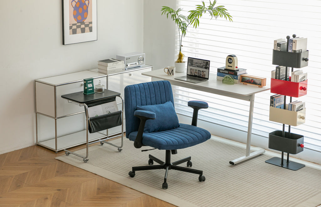 Modern Linen Blue Criss Cross Armrest Office Chair with Foldable Design, Soft Velvet Fabric, 36.6-Inch Height - Grand Goldman