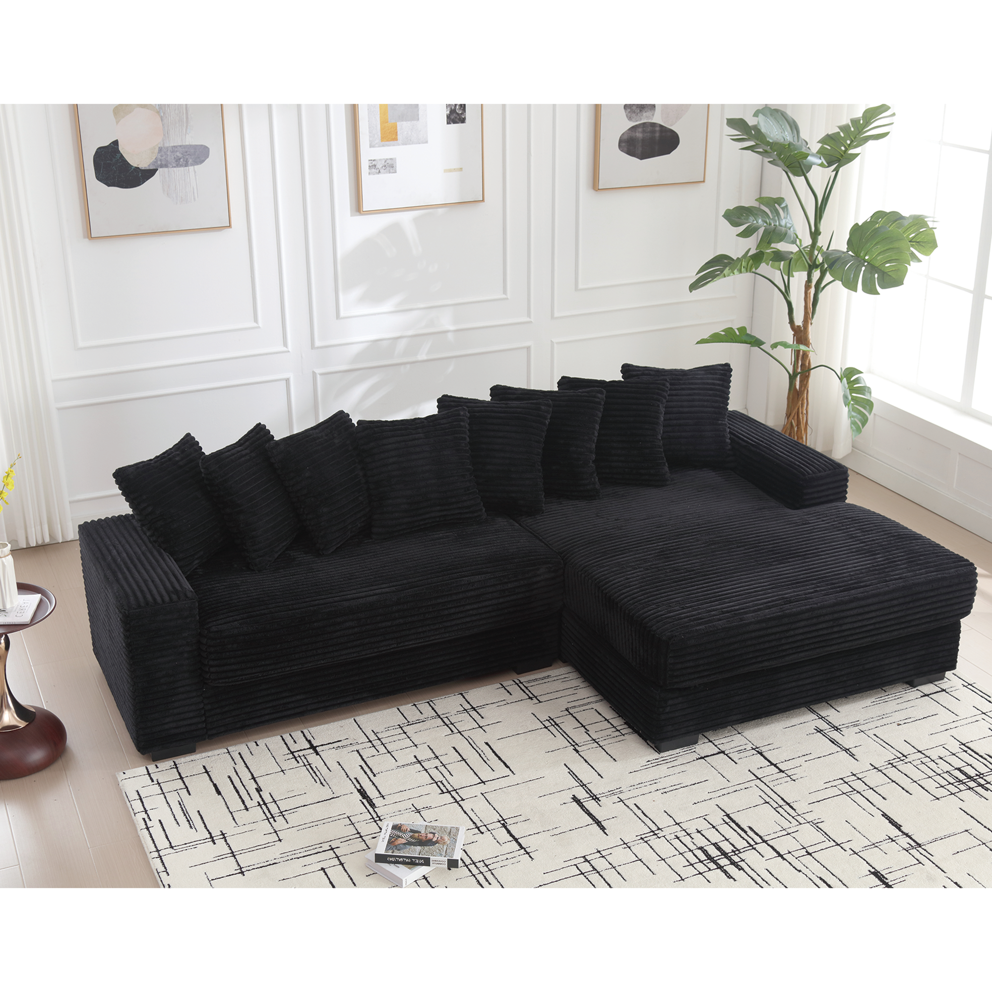[NEW ARRIVED] [VIDEO PROVIDED] Oversized Two-Piece  Couches,  L Shaped Sofa, Corduroy, Right Chaise Daybed,with Armrests,Eight Throw Pillows,Corner Sofa,Easy To Assemble,  Black - Grand Goldman Shop