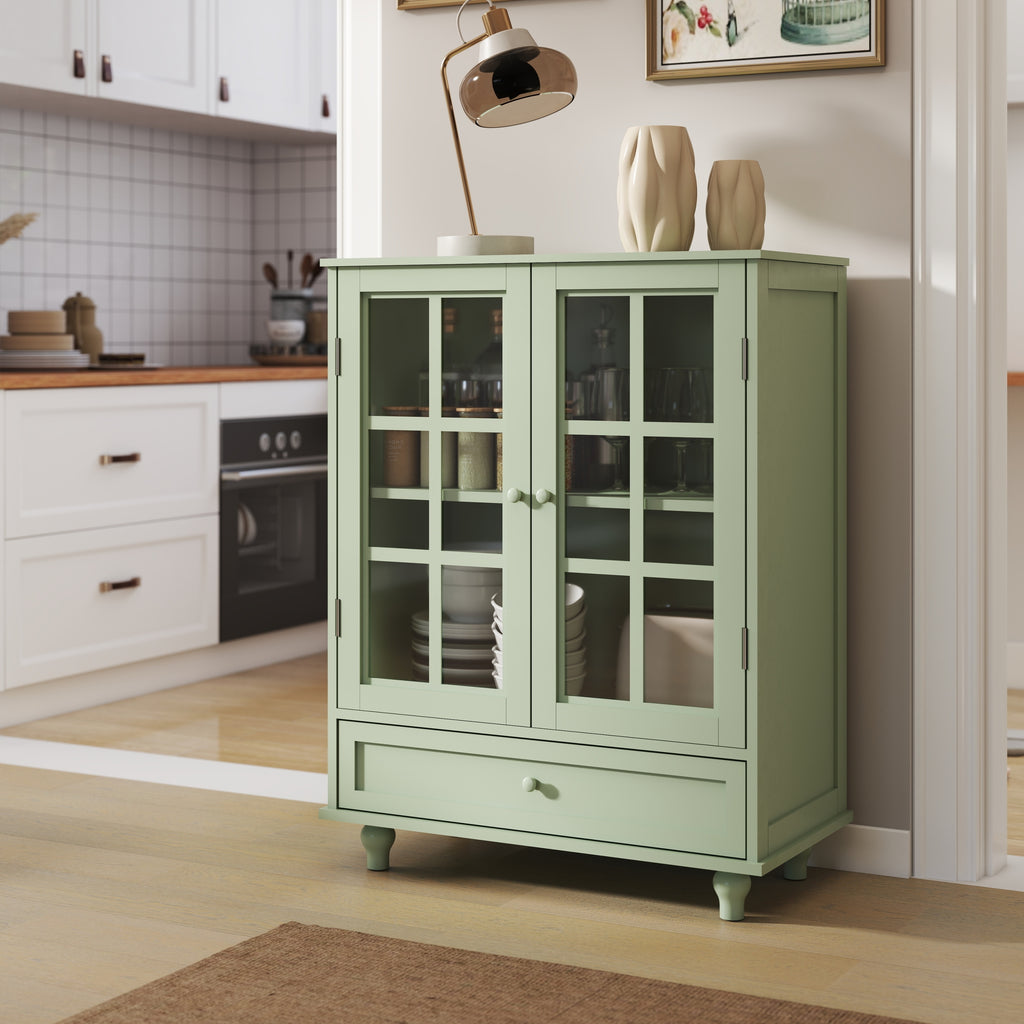 Minimalism Buffet Cabinet with Double Glass Doors and Drawer, Modern Wooden Storage Sideboard Cupboard, Mint Green, MDF and Solid Wood, 28''x15''x36.22'' - Grand Goldman Shop