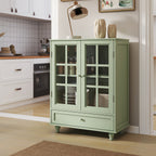 Minimalism Buffet Cabinet with Double Glass Doors and Drawer, Modern Wooden Storage Sideboard Cupboard, Mint Green, MDF and Solid Wood, 28''x15''x36.22'' - Grand Goldman Shop