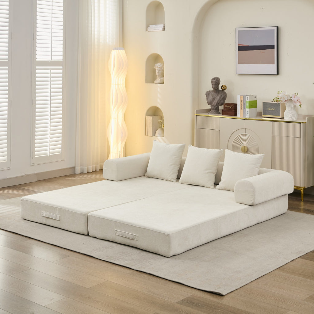 Comfy Convertible Folding Mattress Couch, Floor Sofa Bed, Chenille Floor Sofa with Armrest, Floor Sofa Lounge Couch for Living Room Bedroom Lounge Studio-Beige - Grand Goldman Shop