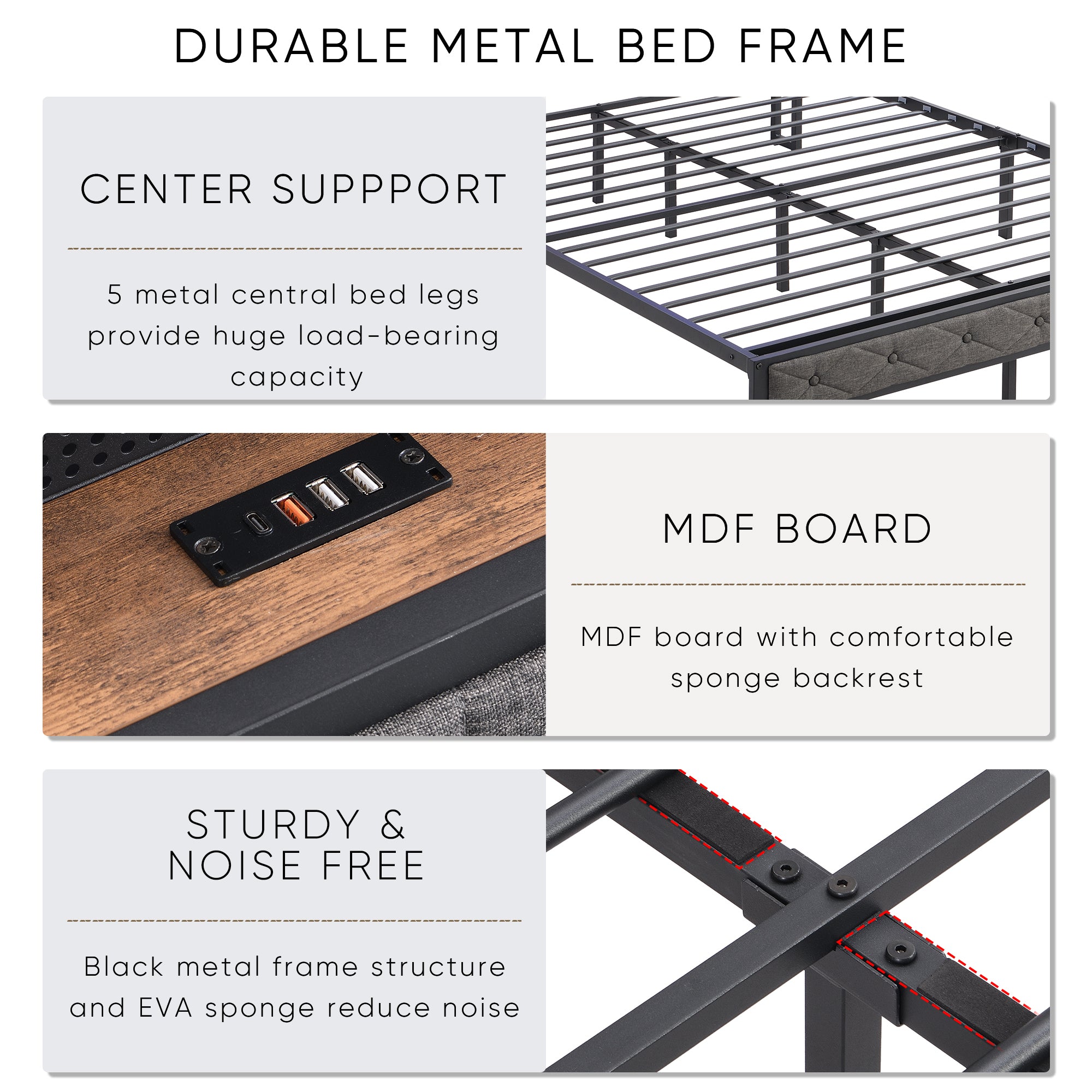 Full Bed Frame with  Storage Headboard, Charging Station and LED Lights, Upholstered Platform Bed with Heavy Metal Slats, No Box Spring Needed, Noise Free, Easy Assembly, Dark Gray - Grand Goldman Shop