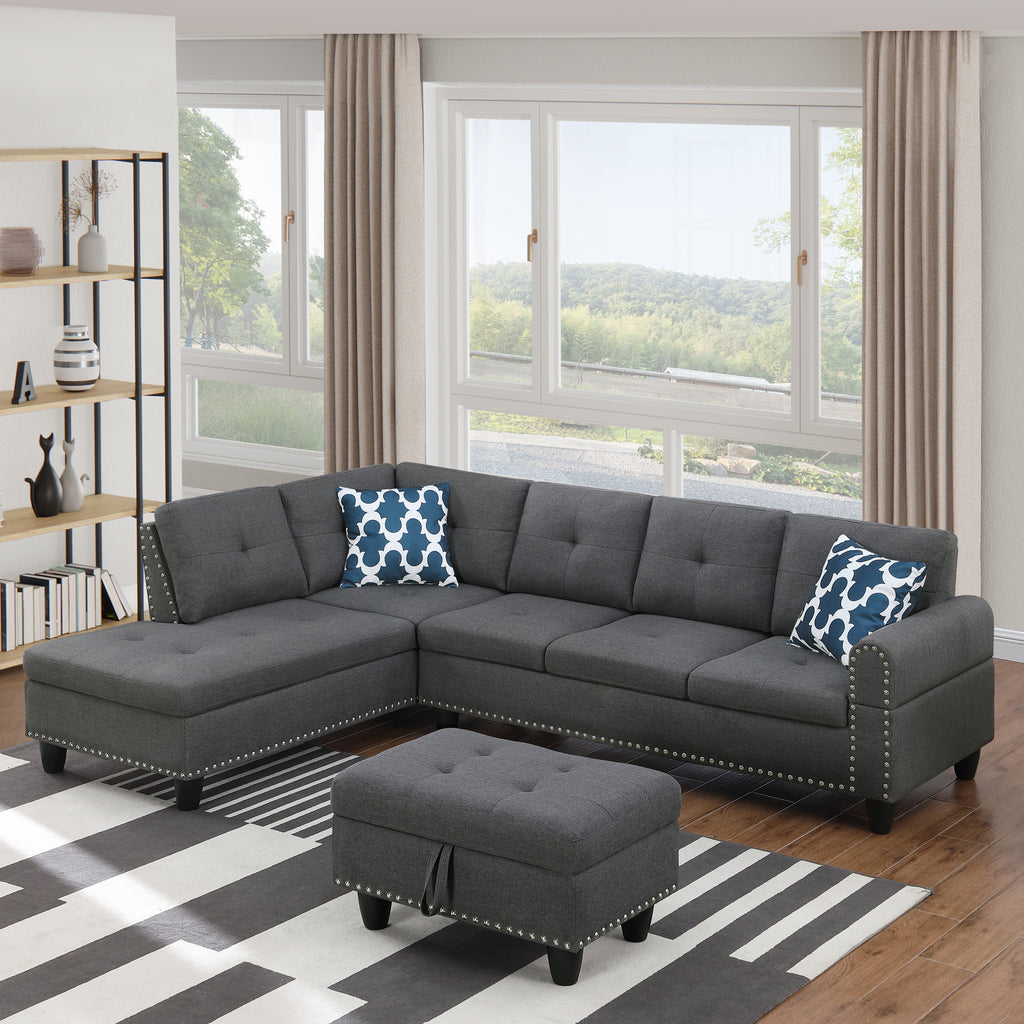 Alger Modern 98' Wide Left Hand Facing Sofa & Chaise with Ottoman in Dark Gray Linen - Grand Goldman Shop