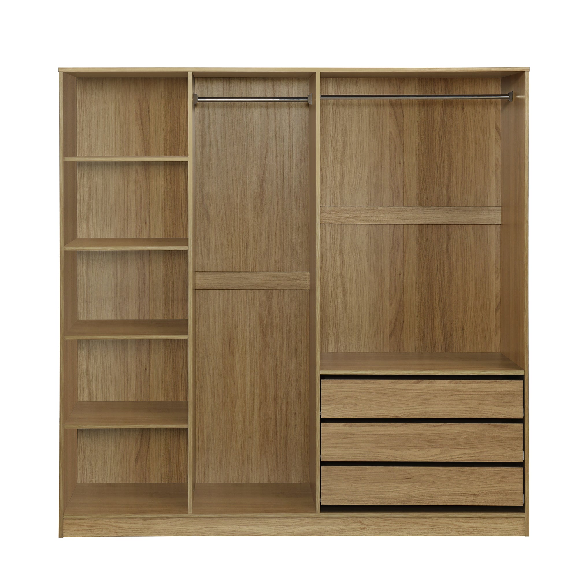 Doorless Wooden Storage Wardrobe for Dedroom with Shelves and 3 Drawers,Nature - Grand Goldman Shop