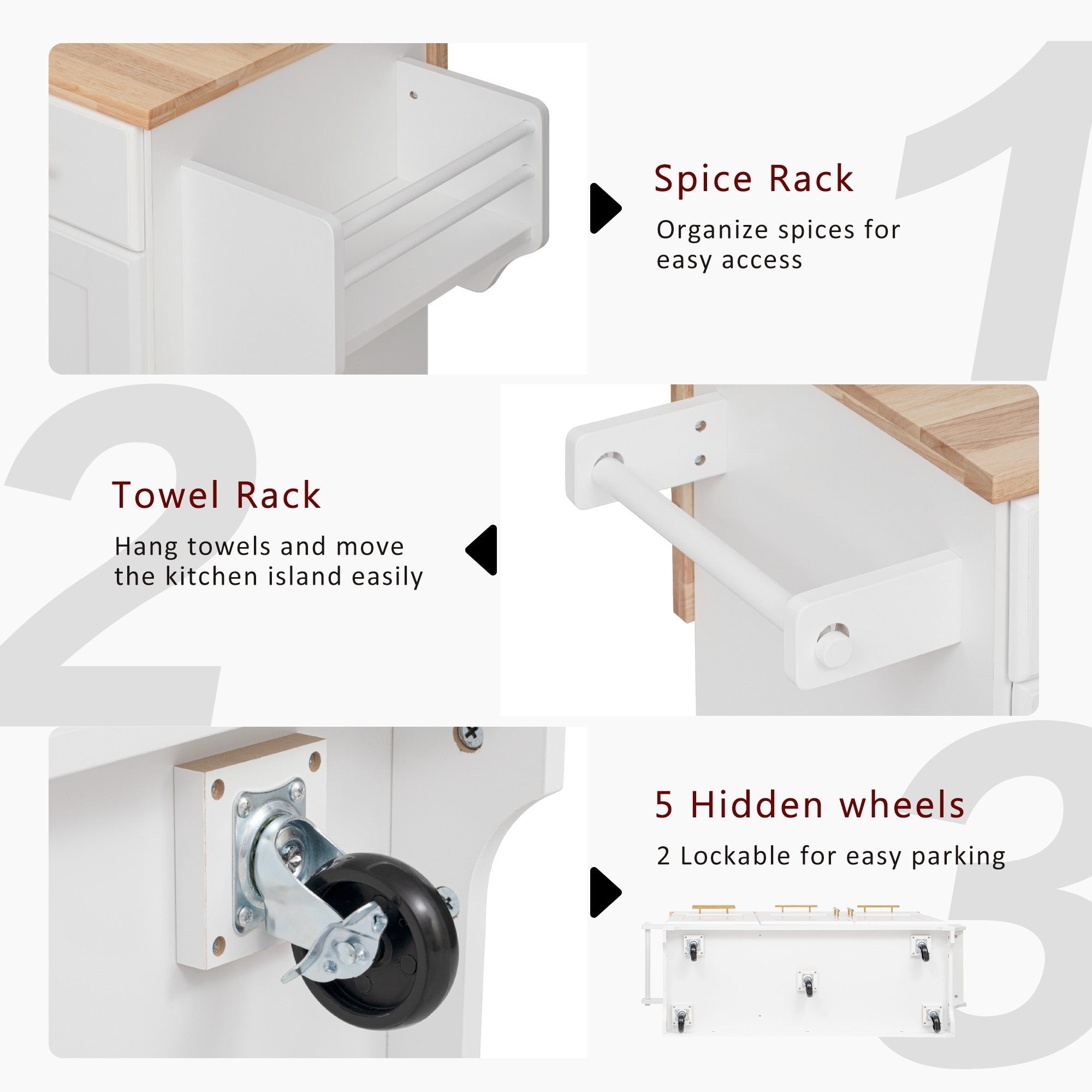 K&K 59.3' Kitchen Island with Storage 2 Pull Out Cabinet Organizers & Rubber Wood Drop Leaf, Rolling Kitchen Island with Trash Can Storage, Power Outlet, Spice & Towel Rack for Kitchen, Dining, White - Grand Goldman Shop