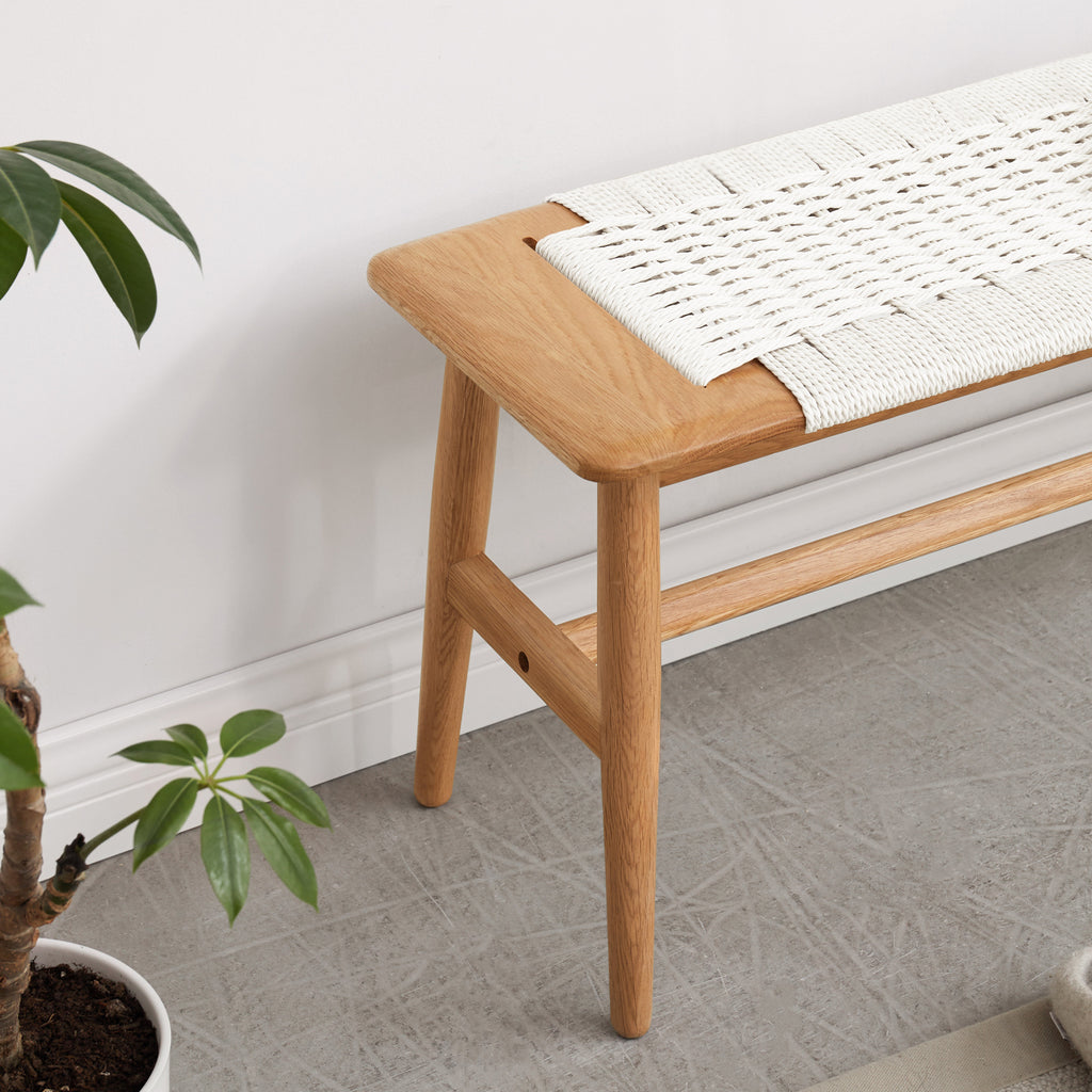 Design Natural Oak Wood Dining Bench Bed Bench with Handwoven Cane Seat in White - Grand Goldman Shop