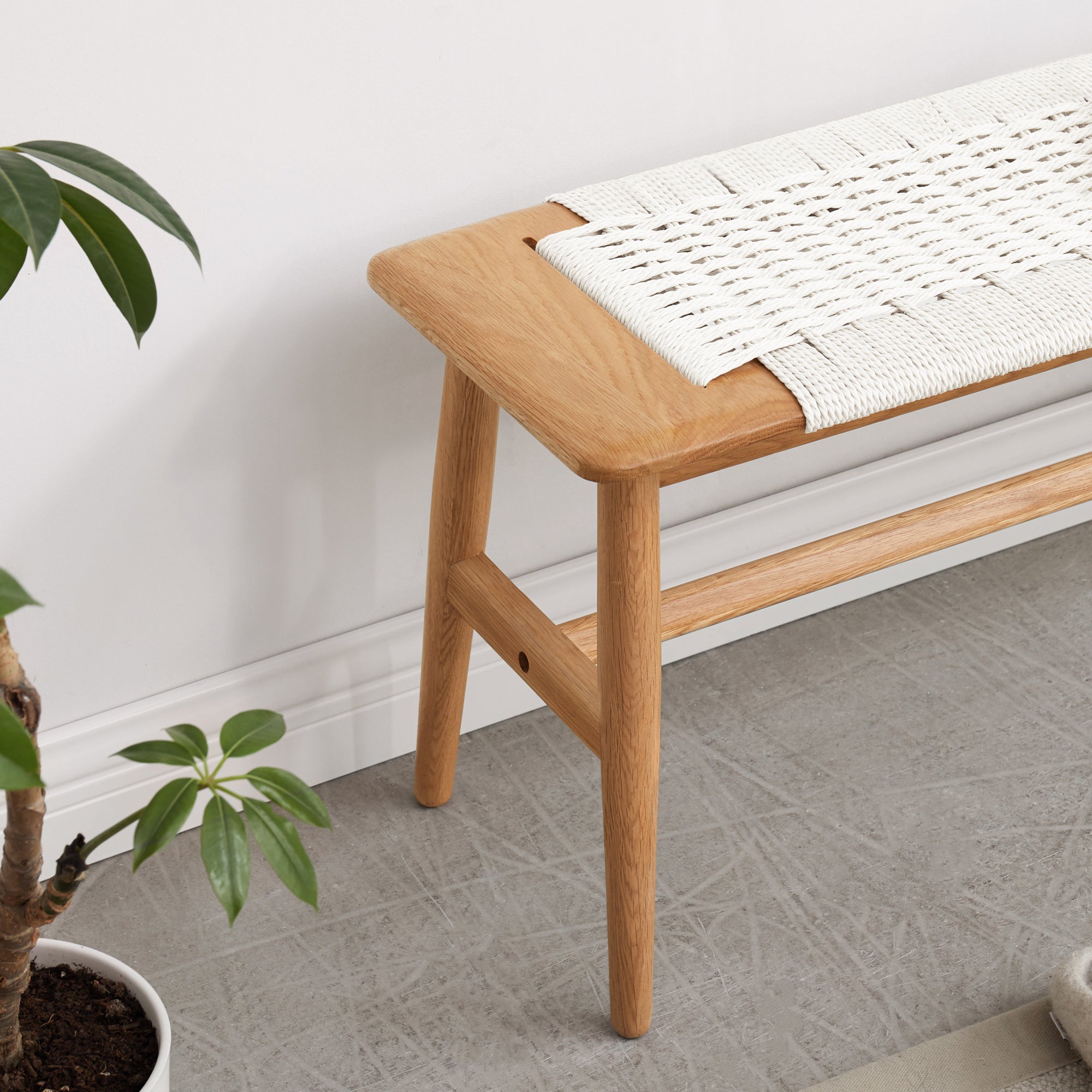 Design Natural Oak Wood Dining Bench Bed Bench with Handwoven Cane Seat in White - Grand Goldman Shop