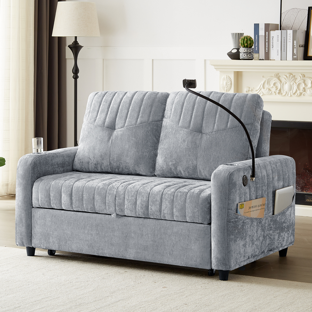 Modern Loveseat Pull-out Sofa Bed with Adjustable Backrest, Cup Holders, Phone Holder, Charging Ports, Side Storage Pockets, Grey Chenille - Grand Goldman Shop
