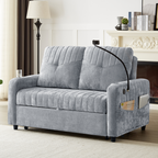 Modern Loveseat Pull-out Sofa Bed with Adjustable Backrest, Cup Holders, Phone Holder, Charging Ports, Side Storage Pockets, Grey Chenille - Grand Goldman Shop