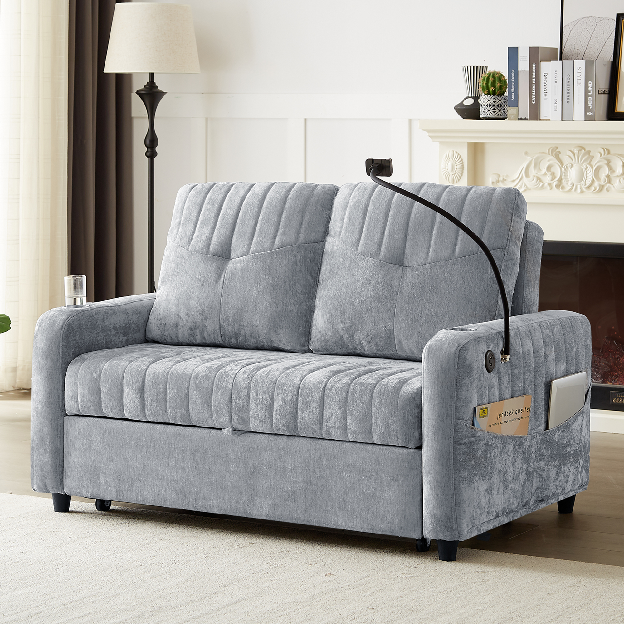 Modern Loveseat Pull-out Sofa Bed with Adjustable Backrest, Cup Holders, Phone Holder, Charging Ports, Side Storage Pockets, Grey Chenille - Grand Goldman Shop