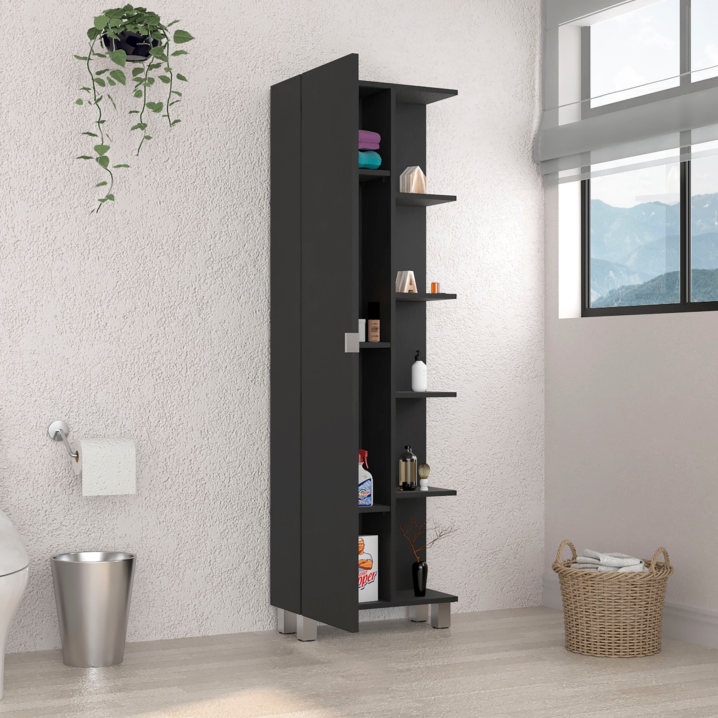 Urano Mirror Linen Cabinet, Four Interior  Shelves, Five External Shelves -Black | Premium Home Decor - Grand Goldman