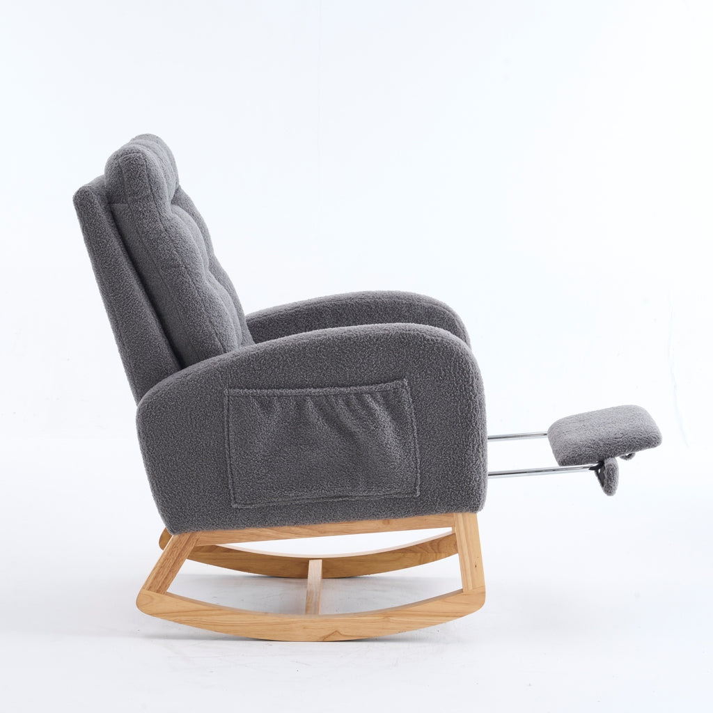 LY-5104 Dark Gray  Accent Rocking  Chair with  Footrest High Back Rubber Wood Rocking Legs Bedroom Living Space   26.77D X 38.36W X 39.76H Inch - Grand Goldman Shop