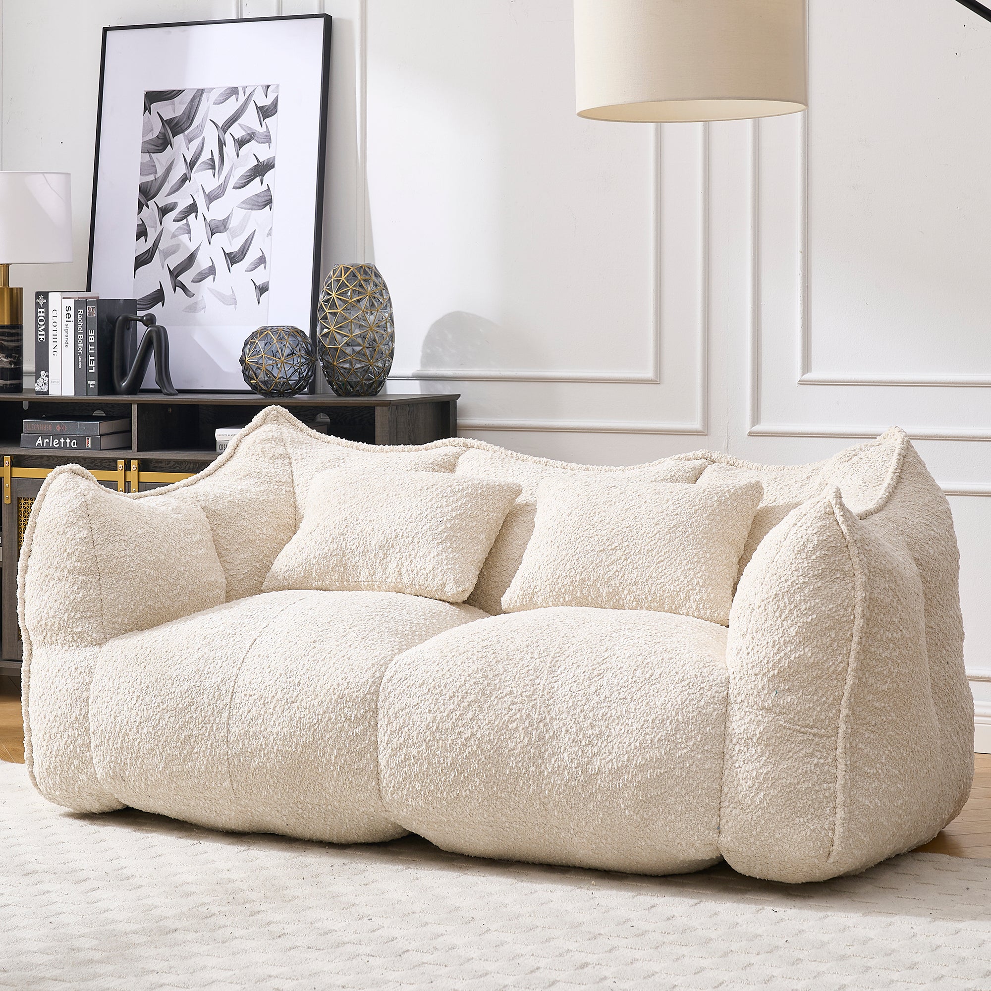 Comfortable Dual Beanbag Chair with High Resilience Foam Core for Two People in Beige Chenille - Grand Goldman Shop
