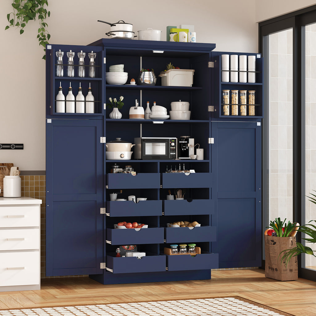 [Assembly Video Provided] TOPMAX 35.5x17.6x70.9inch Freestanding Kitchen Pantry Cabinet, Tall Storage Cabinet with 4 Doors, 2 Door Shelves, 8 Pull-out Trays and Adjustable Shelf for Dining Room, Blue - Grand Goldman Shop