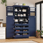 [Assembly Video Provided] TOPMAX 35.5x17.6x70.9inch Freestanding Kitchen Pantry Cabinet, Tall Storage Cabinet with 4 Doors, 2 Door Shelves, 8 Pull-out Trays and Adjustable Shelf for Dining Room, Blue - Grand Goldman Shop