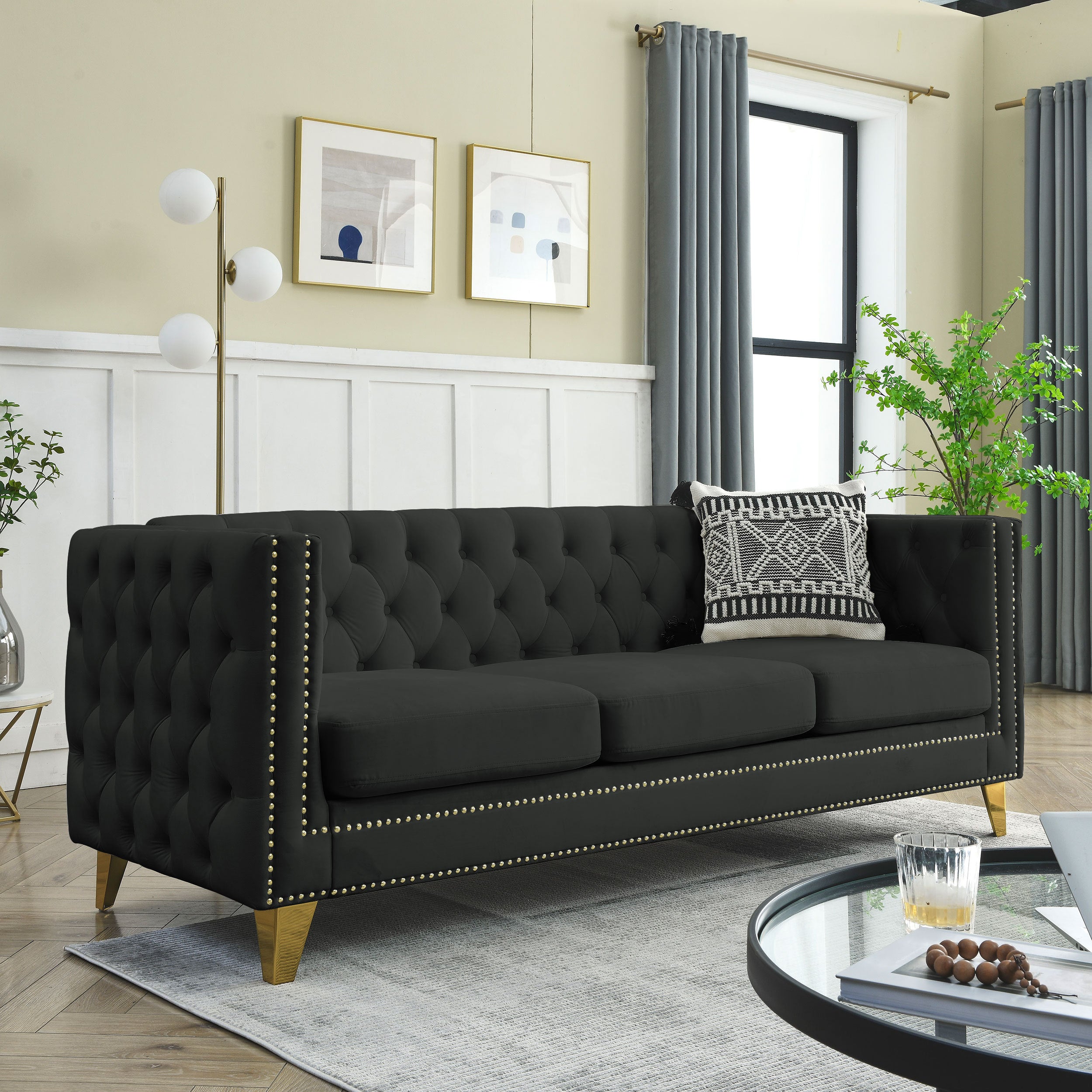 Modern Black Velvet Sofa with Button Tufting and Metal Legs, 3-Seater Couch for Living Room or Bedroom, Upholstered in Soft Velvet with Solid Wood Frame - Grand Goldman Shop