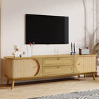 Modern Farmhouse Rattan TV Stand for TVs up to 75'', Solid Wood Legs, Natural Wood Finish Media Console with Storage Drawers and Sliding Doors - Grand Goldman Shop