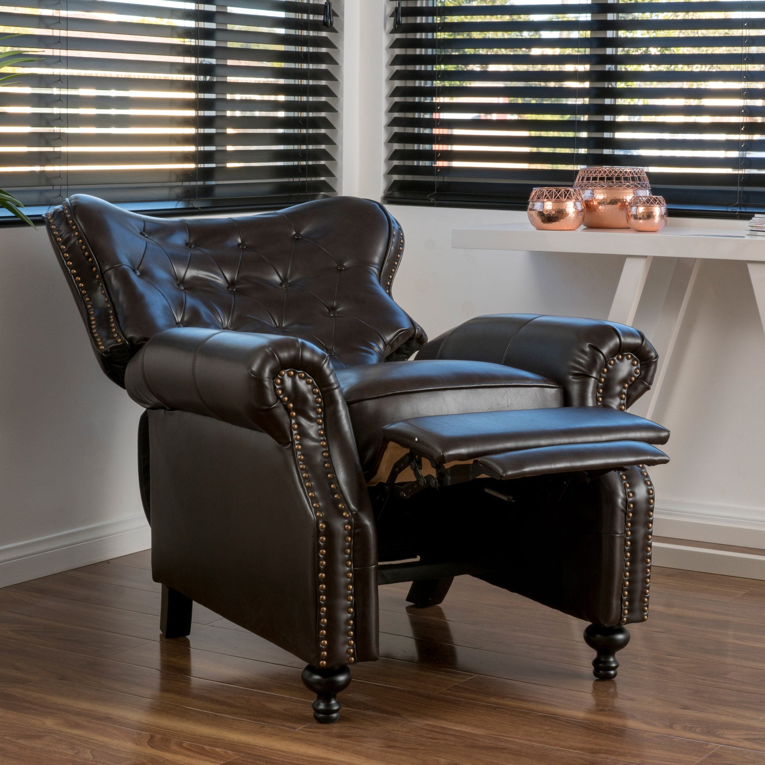 Contemporary Style Push Back Recliner with Button-Tufted Stitching and Nailhead Trim in Dark Brown PU - Grand Goldman Shop