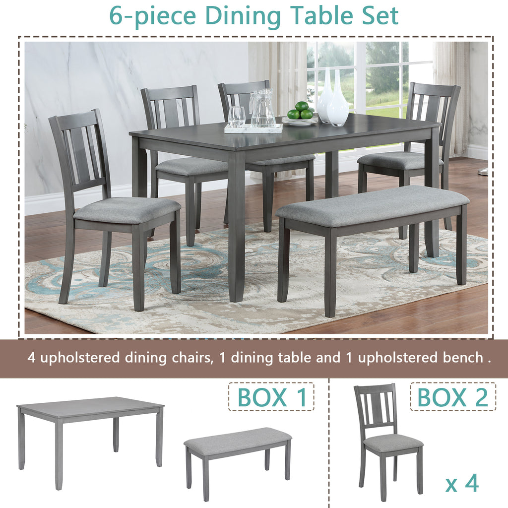 6PCs Kitchen Dining Set, Rectangular Wooden Dining Table with 4 Upholstered Chairs and a Bench, Dining Table Set for 6 People, Living Room, Home Bar and Kitchen, Gray - Grand Goldman Shop