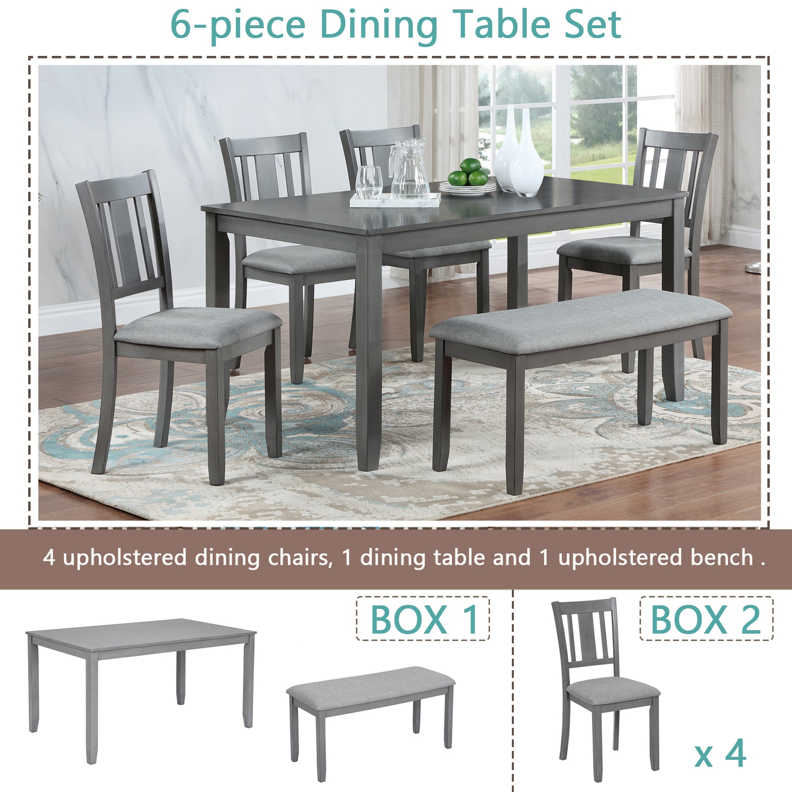 6PCs Kitchen Dining Set, Rectangular Wooden Dining Table with 4 Upholstered Chairs and a Bench, Dining Table Set for 6 People, Living Room, Home Bar and Kitchen, Gray - Grand Goldman Shop