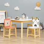 Kids Wood Table and Chair Set with Cartoon Animals Design, White Solid Wood & MDF Furniture for Ages 3-8, 5-Piece Table and C