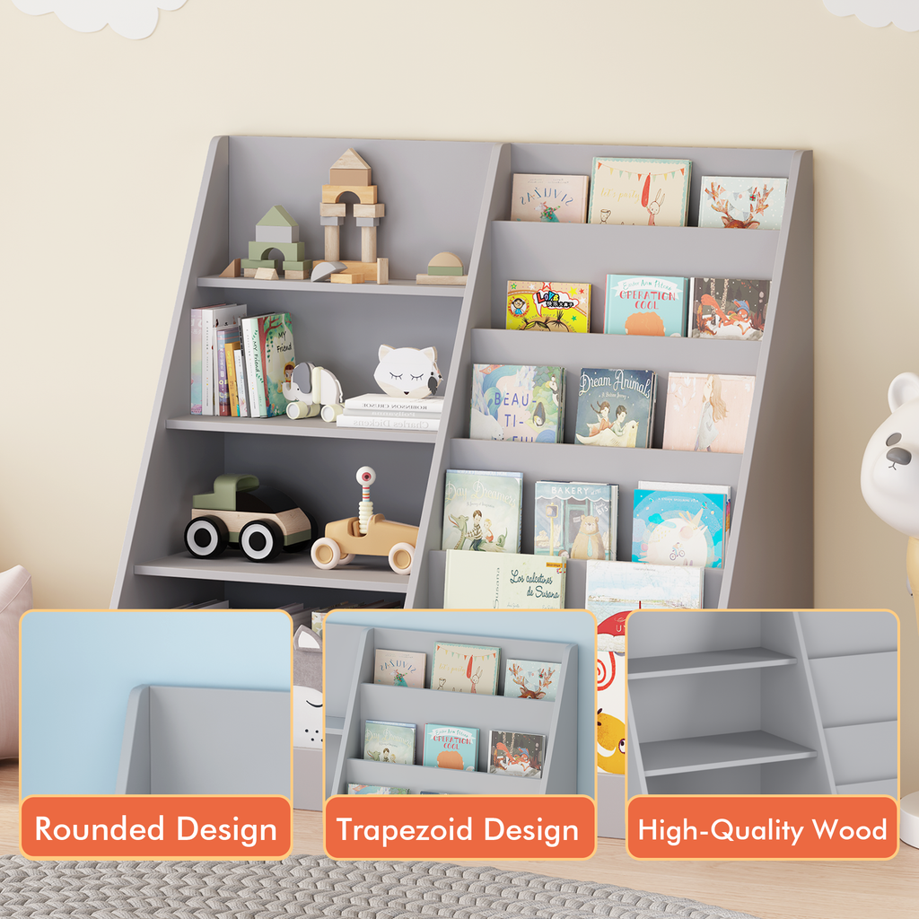 Kids Bookshelf and Toy Storage Organizer, 4-Tier Wooden Bookcase with Display Stand in Gray MDF for Nursery, Playroom, or Chi
