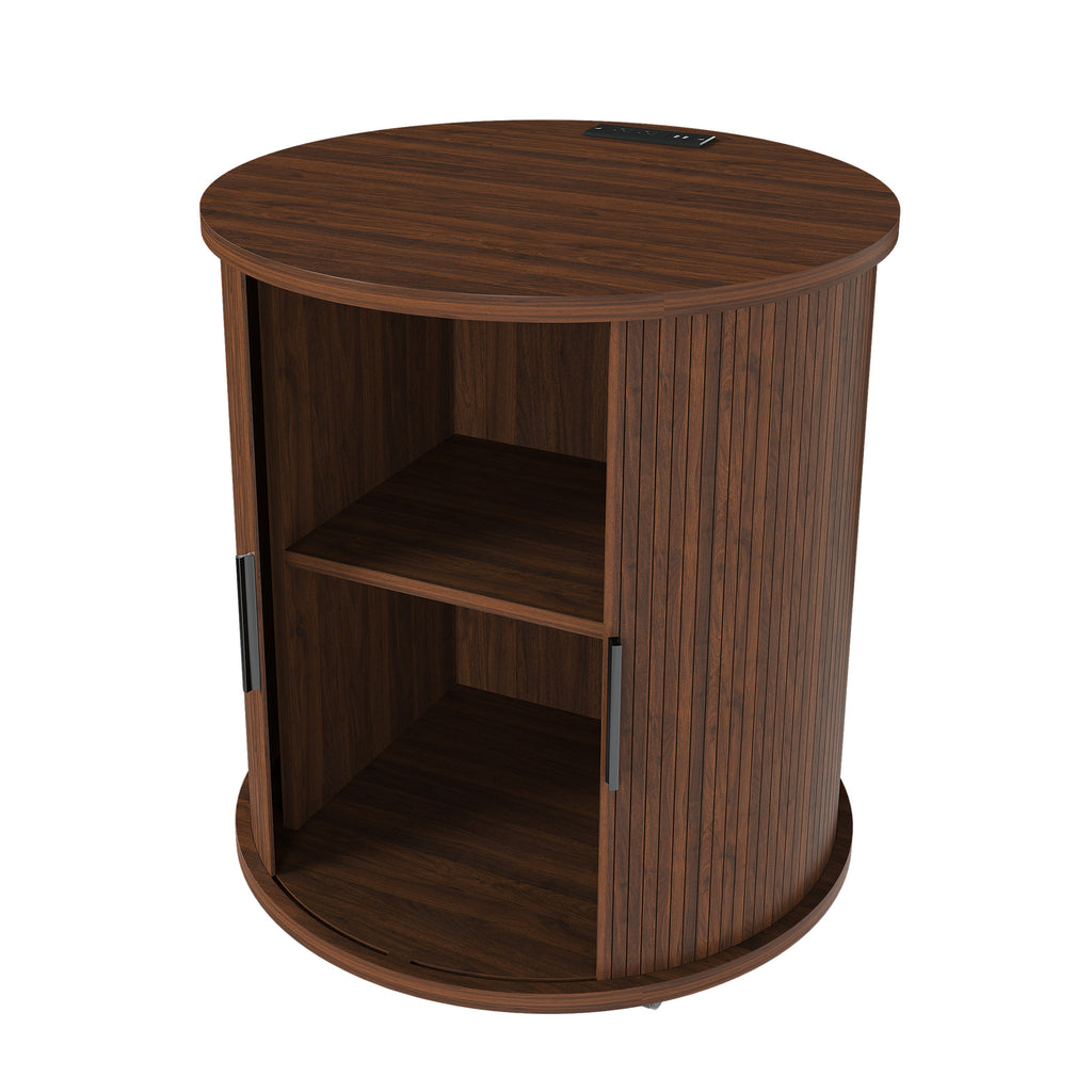 Mid Century Modern Cylinder End Table with Built-in Charging Station & Sliding Door, 2-Tier Storage Round Nightstand with USB Ports, Walnut Bedside Table for Living Room, Bedroom, Entryway - Grand Goldman Shop