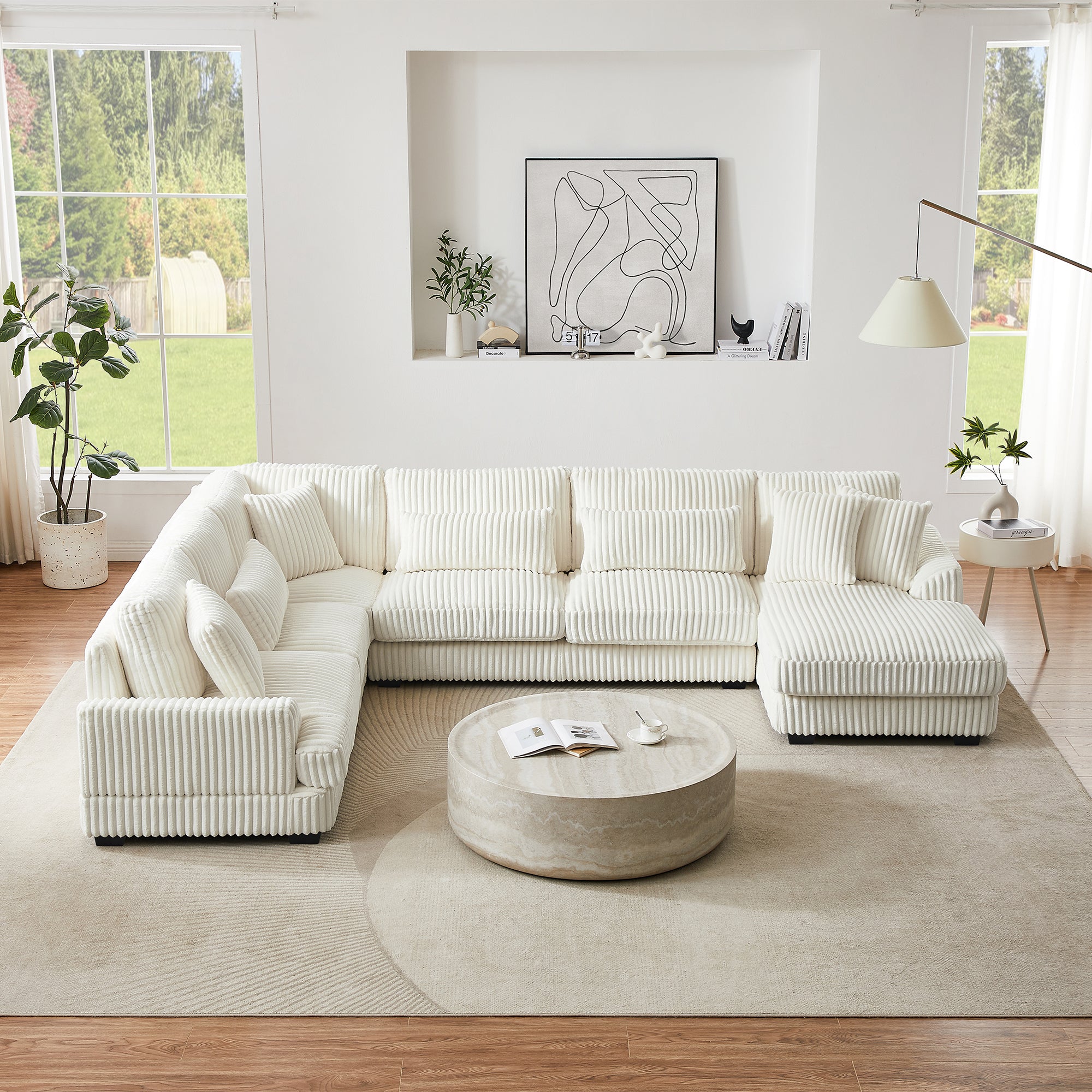 Modern Oversized U-shaped Sectional Sofa with Chaise Lounge in Beige Corduroy, 129' - Grand Goldman Shop