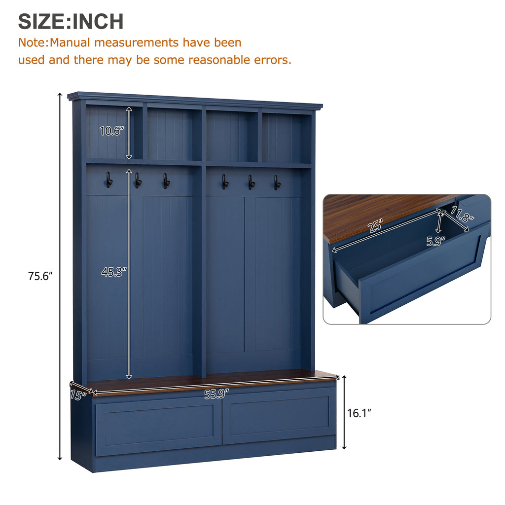 Farmhouse 4-in-1 Hall Tree with Wood Grain Bench, Mudroom Versatile Coat Rack with 2 Large Drawer, Entrance Organizer for Hallway, Living Room, Blue, 55.9'W (OLD SKU: N721P313099C) - Grand Goldman Shop