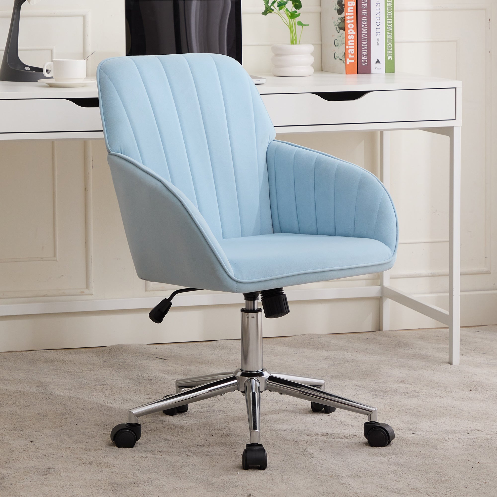 TY Ergonomic Office Chair in Baby Blue Velvet with Adjustable Backrest and Silver Base, Ideal for Home Bedroom and Long Sitti